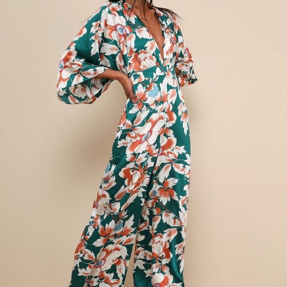 Lulu's From Sunrise Teal Floral Print Wide-Leg Jumpsuit - Picture 4 of 9